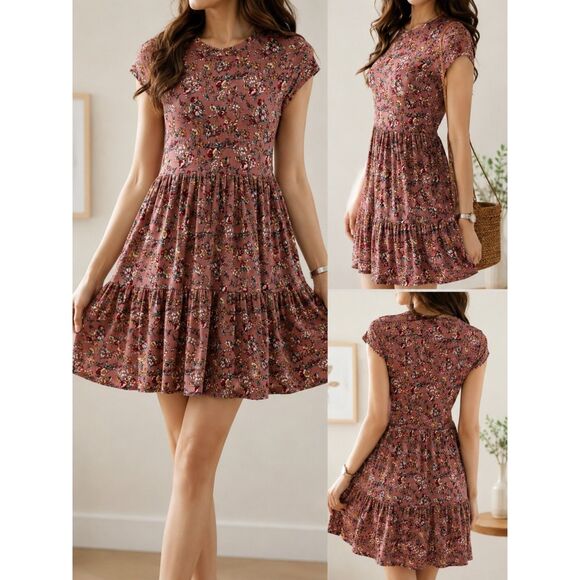 Jessica Simpson Dresses & Skirts - Jessica Simpson Floral Tiered Dress Size M Pink Short Sleeve Ribbed Knit